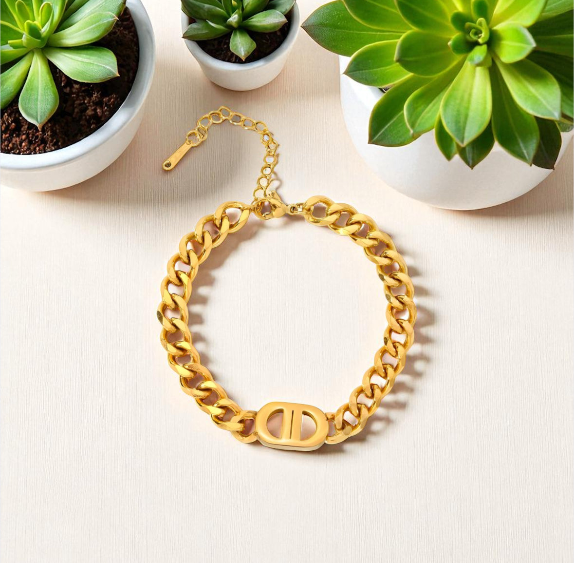 Waterproof Jewellery 18k Gold Chain Bracelet Plant Background