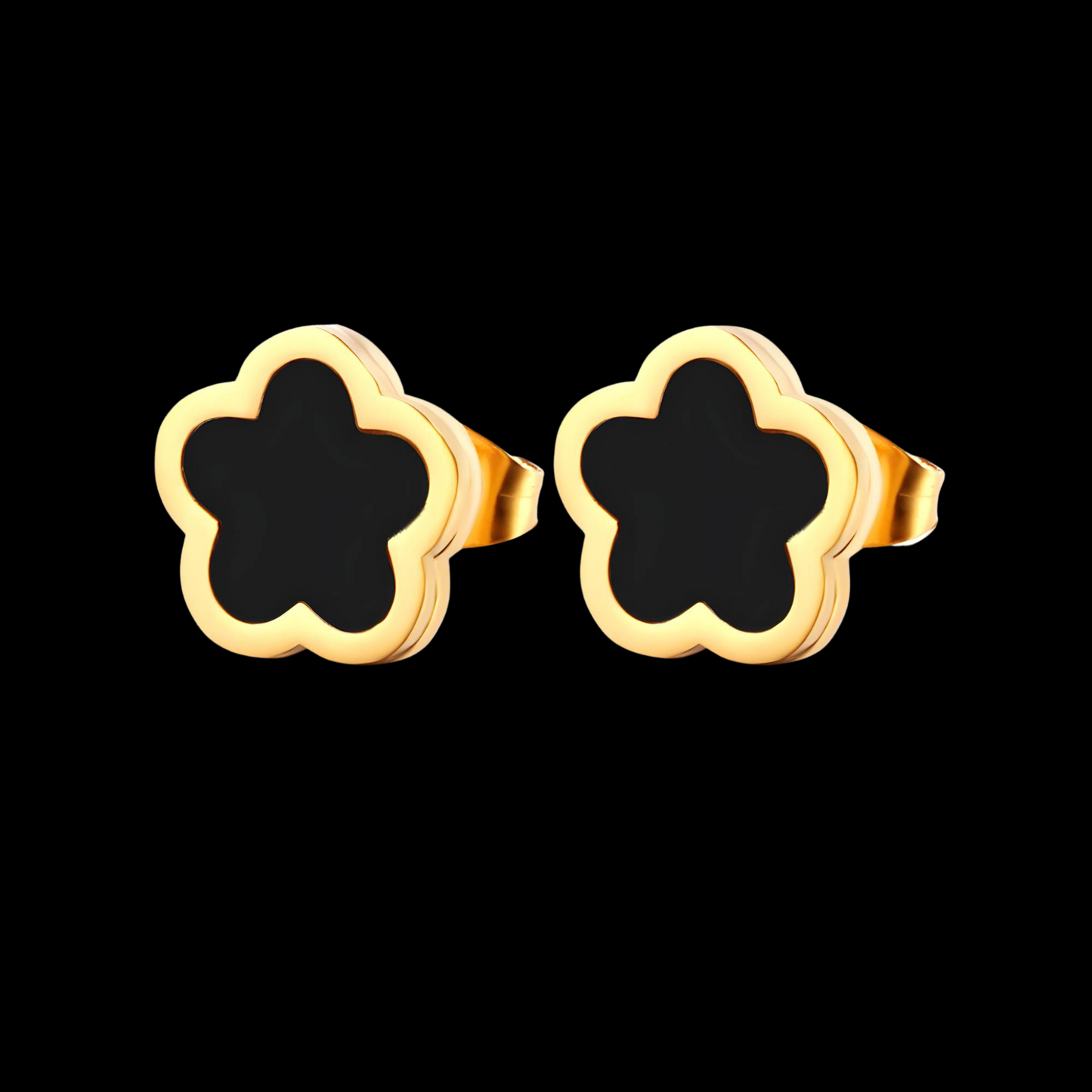 Gold earrings with black center on a black background Waterproof Jewllery Piece