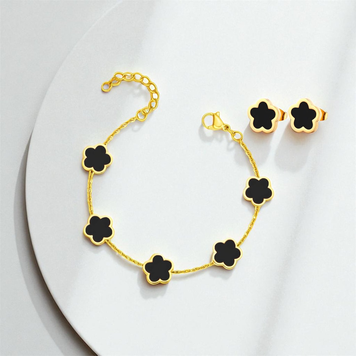 18k Gold Waterproof Jewellery and Sweatproof Jewellery Bracelet with Black Flower - set of earrings ad bracelet