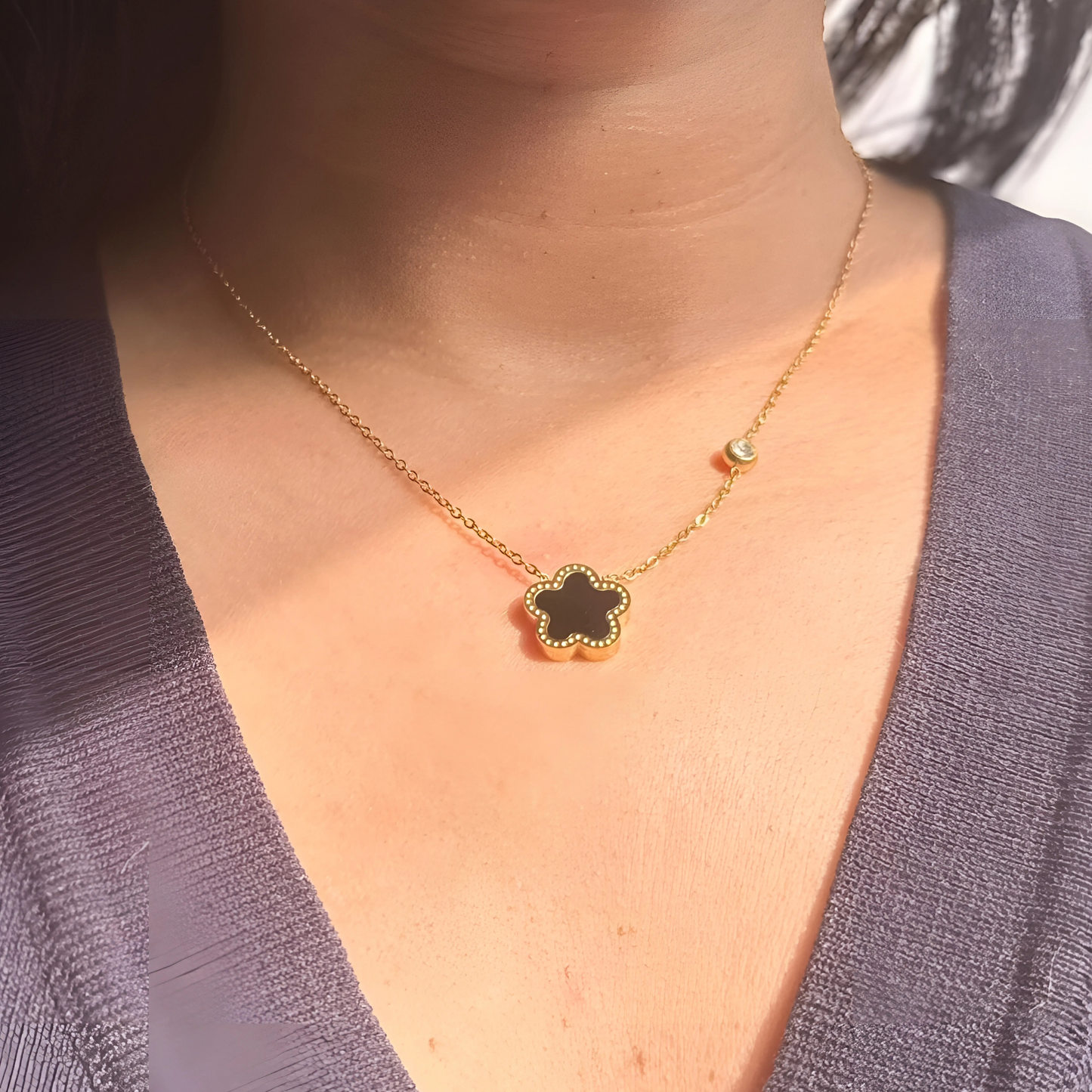 Gold Flower Necklace - Black Waterproof Jewellery Piece