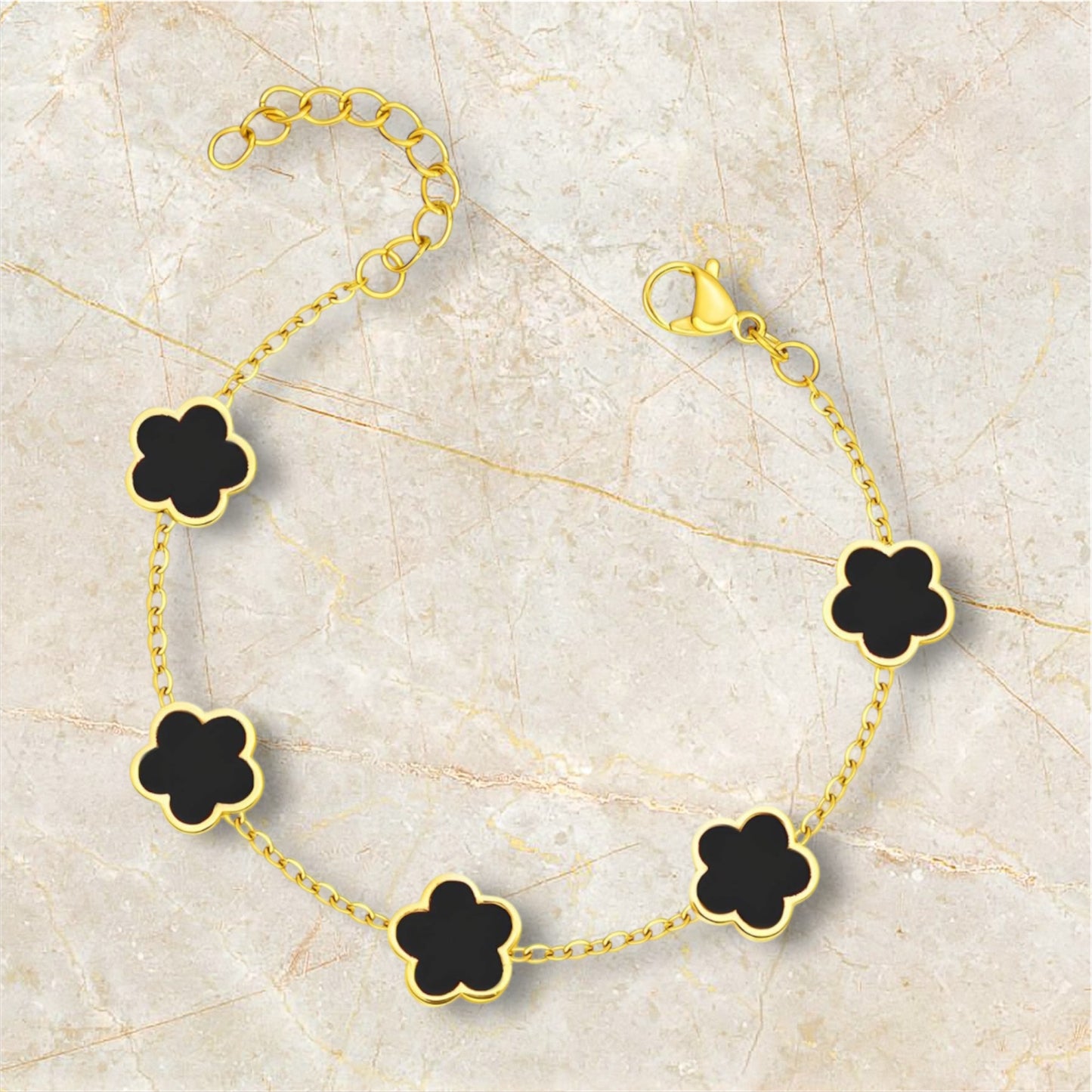 18k Gold Waterproof Jewellery and Sweatproof Jewellery Bracelet with Black Flower - marble background