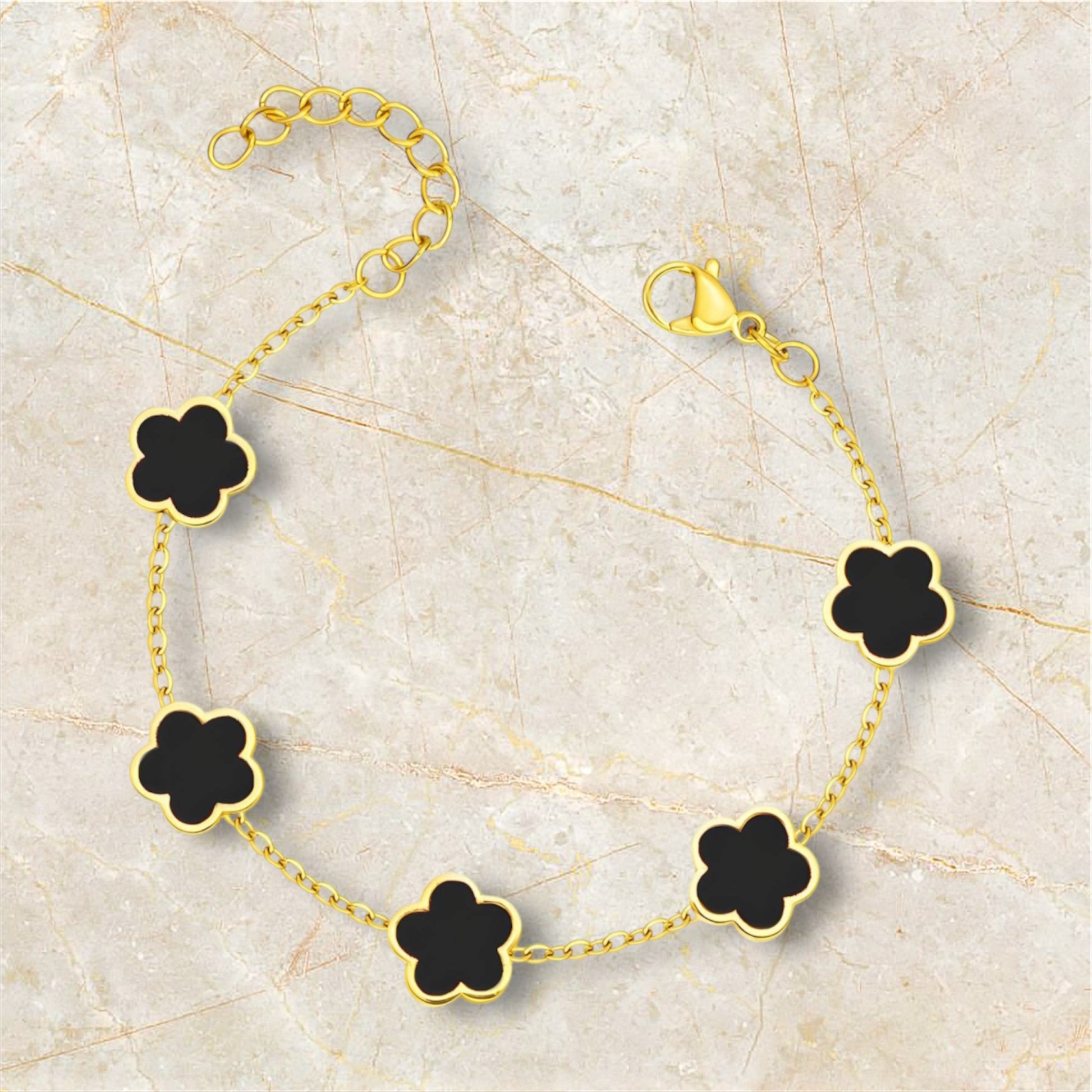 18k Gold Waterproof Jewellery and Sweatproof Jewellery Bracelet with Black Flower - marble background