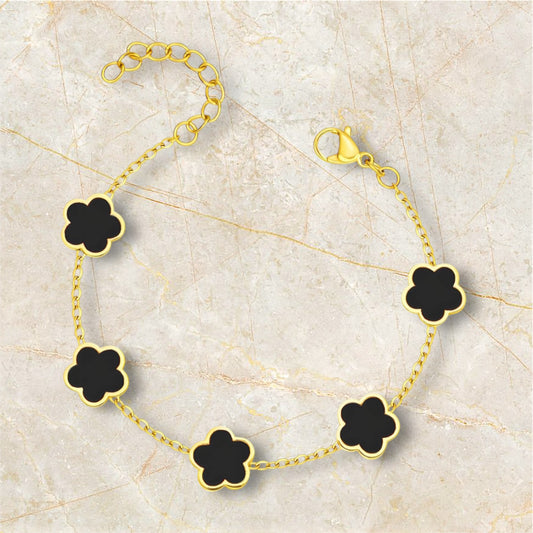 18k Gold Waterproof Jewellery and Sweatproof Jewellery Bracelet with Black Flower - marble background