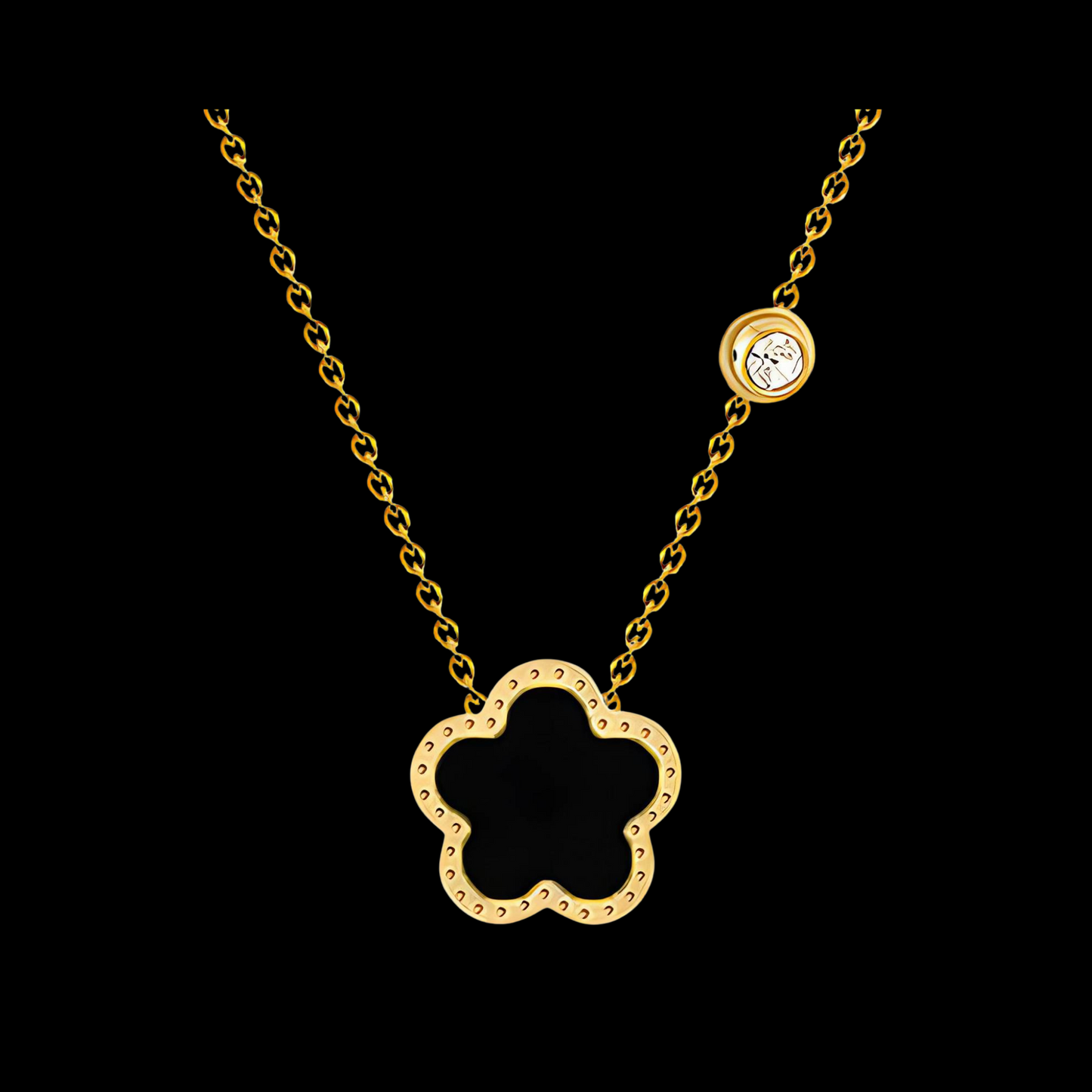 Gold necklace with a clover-shaped pendant on a black background Waterproof Jewllery Piece
